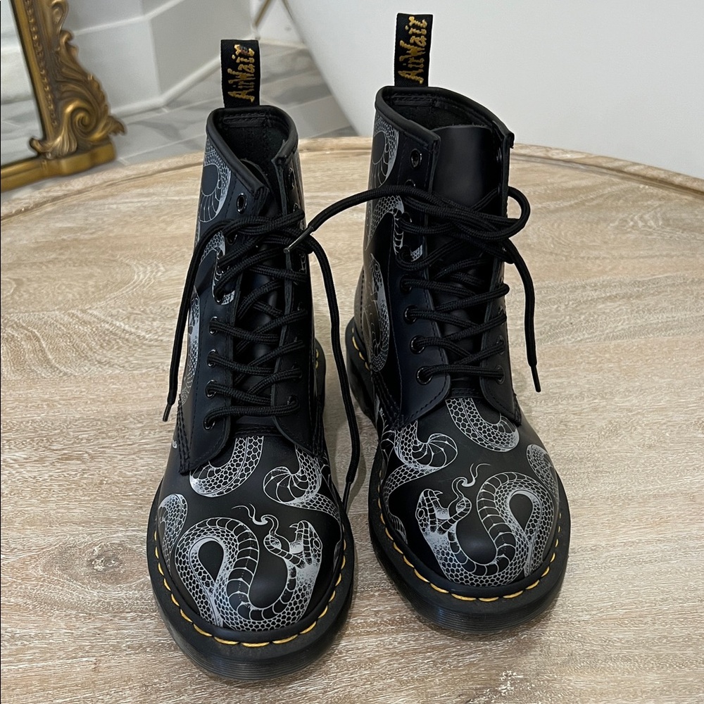 Dr. Martens Black and Gray Snake Pattern Boots